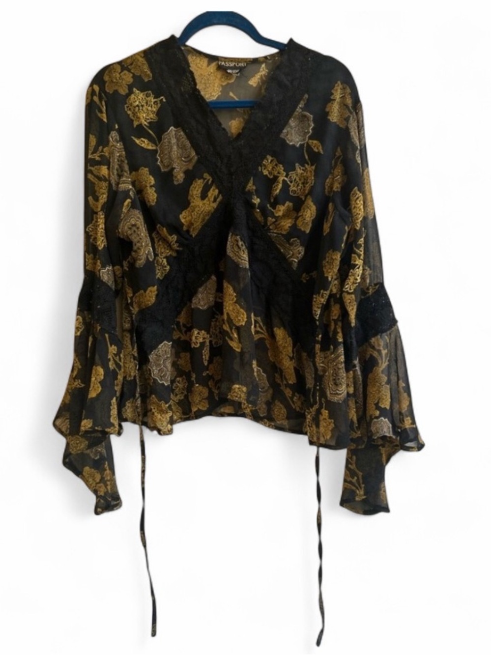Passport Whimsigoth Y2K Boho Bell Sleeve Lace Accent Blouse Top Shirt